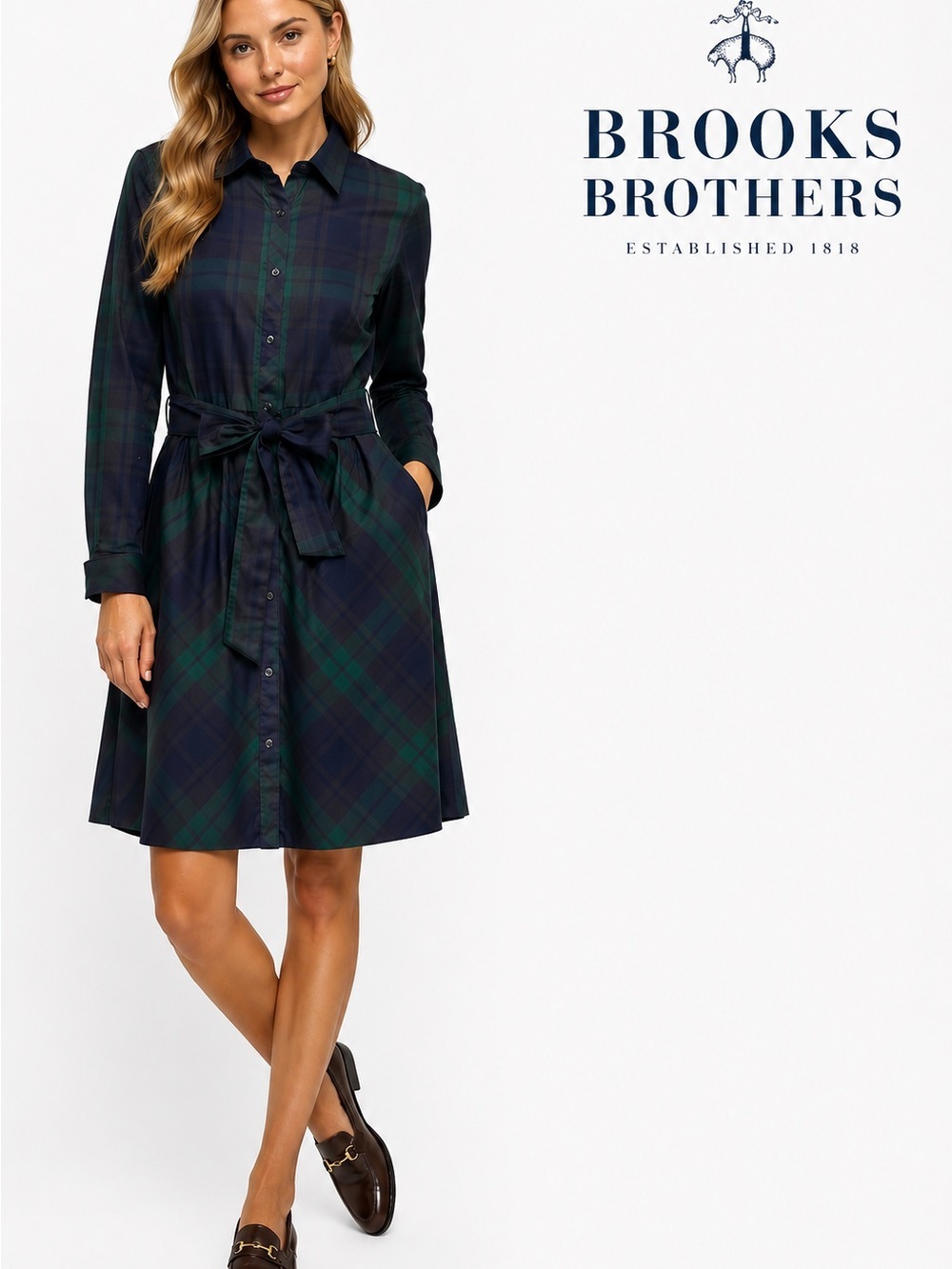 Brooks Brothers Shirt Dress Black Watch Green Blue Plaid Long Sleeve 8 Cotton